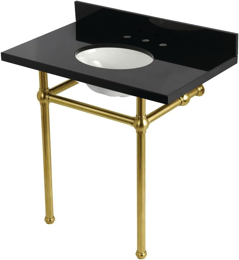 Kingston Brass KVPK36KB7 Templeton 36" Black Granite Console Sink with Brass Legs, Black Granite/Brushed Brass
