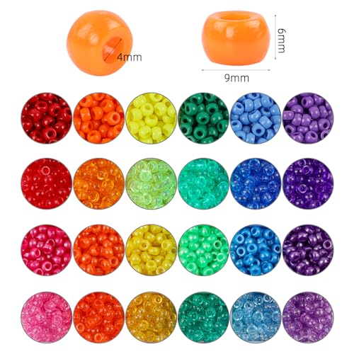 Quefe 2880pcs Pony Beads Kit, Kandi Beads for Hair, Rainbow Beads Plastic Bead for Craft 6 x 9mm 24 Colors 4 Styles Large Hole Beads Set for Bracelets Jewelry Making3