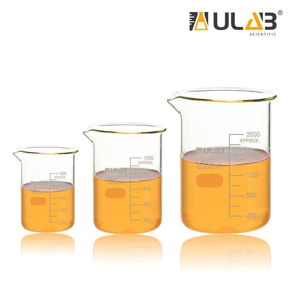 ULAB Scientific Glasbecher Set, 3 Größen von Vol. 500 ml, 1000 ml, 2000 ml, 3.3 Borosilikat Griffin, niedrige Form mit gedruckter Skala UBG1028