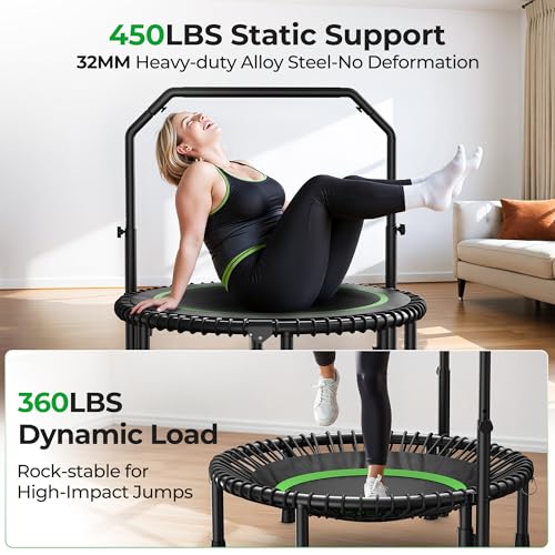 BCAN BT2 40" Rebounder Trampoline for Adults, Indoor, 450lbs,Bungees Rebounder for Adults, Adjustable Handlebar, Quiet Mini Exercise Trampoline for Indoor Workout, Low-Impact|FED Fitness Green - image 4