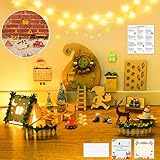 FFZZKJ Wichteltür Set Wichtel Zubehör für Weihnachten 63 Stück, mit Zelt, Wichtel Baustelle, 12 Wichtelbriefe, Wichtel Schablone, Adventskalender, Baguette, Pizza, Orangensaft, mit 2M Lichterkette