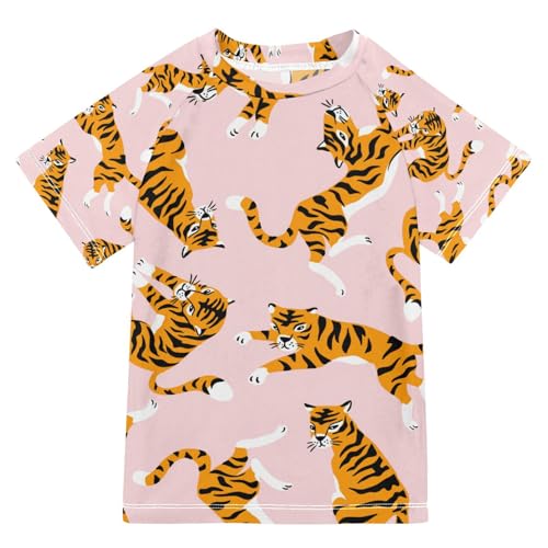 Aflyko Boys Girls Short Sleeve Sun Shirt Cute Tigers Rash Guard Swimwear Tops for Kids Spring Vacation Water Park Pool Party Swimming Class Outfit, 11-12T Multicoloured