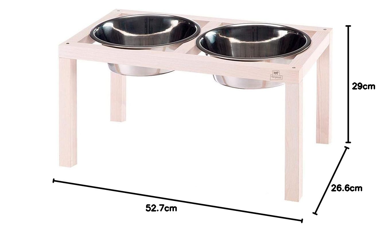 Ferplast Desco Wood Porta Comedero para Perro con 2 Comederos de acero inoxidable - Elegante Comedero para agua y comida para Perro de madera elevada, antideslizante, 5,6 litros