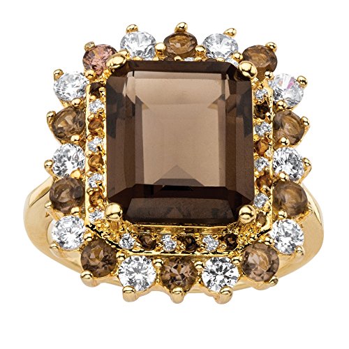 PalmBeach Yellow Gold-Plated Emerald Cut Genuine Smoky Topaz, Mystic Fire Purple or Blue Glass and Cubic Zirconia Ring Size 8