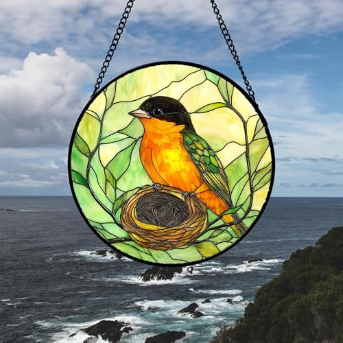 Image of DASTOLL Stained Glass Window Hanging 4 Pcs Set Bird Theme On Branch Large 11.8 inch - Cardinal Suncatcher Door Garden Sun Catcher Decor Birthday Christmas for Mom Woman Nana Men