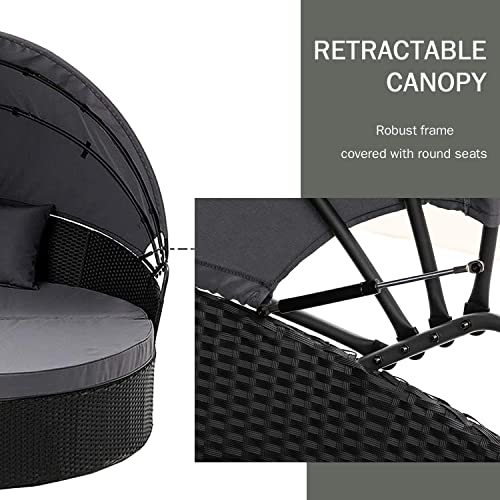 Patiomore Patio Round Daybed with Retractable Canopy, Outdoor Furniture with Washable Cushions for Patio Backyard Porch,Clamshell Sectional Seating Wicker Black