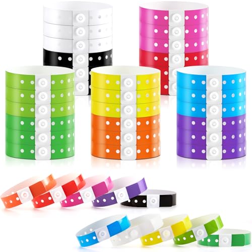 Image of Henoyso 300 Pcs Multicolor Plastic Wristbands for Events Vinyl Waterproof Pool Wristbands Neon Color Plastic Bracelet for Party Events Arm Band Identification for Concerts Carnivals
