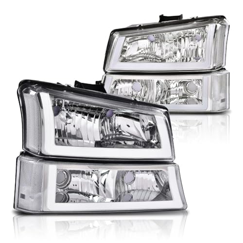 Image of GRAND ORANGE LED DRL Headlights Assembly Compatible with Chevy Silverado Avalanche 1500 2500 3500 HD Models 2003-2006 GM250222, GM2503224, 10396913 Headlamp Clear lens Chrome Housing Clear Corner