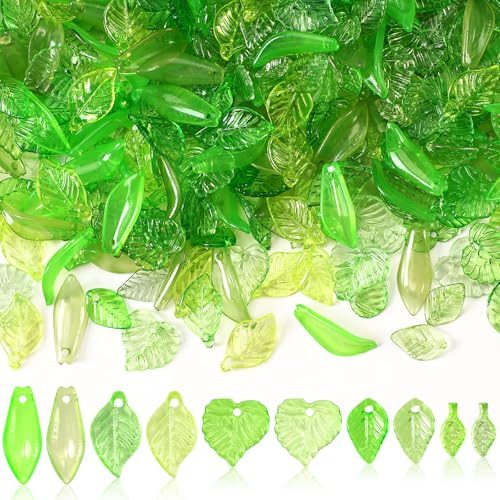 Augshy 500Pcs Acrylic Green Leaf Beads Transparent Maple Leaves Hanging Pendants Charms for Jewelry Making Necklace Earring Spring Plant DIY Wind Chimes Crafts