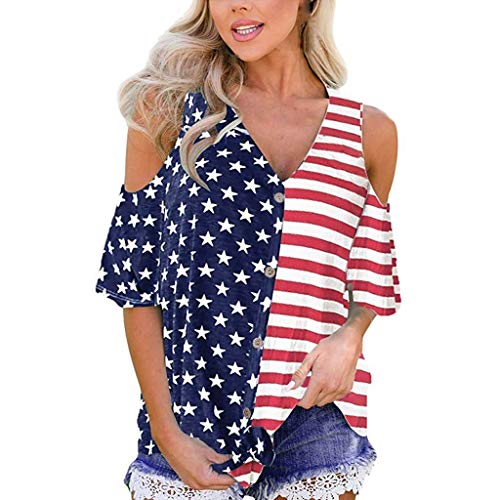 YOCheerful Womens Tops Patriotic Stripes Star American Cold Shoulder Button Down Blouse Top
