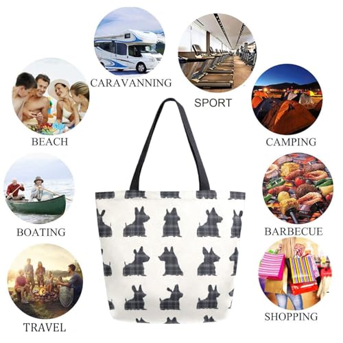 Black Plaid Scottish Terrier Dogs Extra Large Canvas Gym Shoulder Tote,Durable Reusable Daily Top Handle Bag for Mens Womens Yoga Weekender Picnic Beach Travel Market Shopping2