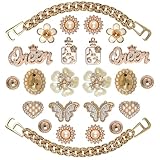 Lugailly Bling Shoe Charms for Girls and Women, Girly Gold Shoe Charms for Clog Sandals, 24 PCS Glitter Rhinestones Butterfly Pearl Flower Shoes Decoration Charms Bulk, Shoe Chains Pins Accessories