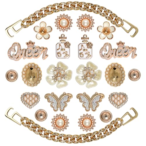 Lugailly Bling Shoe Charms for Girls and Women, Girly Gold Shoe Charms for Clog Sandals, 24 PCS Glitter Rhinestones Butterfly Pearl Flower Shoes Decoration Charms Bulk, Shoe Chains Pins Accessories