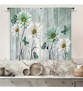Famiffty Farmhouse Floral Kitchen Curtain 27.5W X 39L Inch 2 Panel Rod Pocket Rustic Teal Green F...