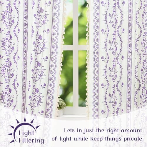 Image of Yinhua Boho Curtains for Living Room 84 Inch Length Vintage Linen Curtains for Bedroom Light Filtering Window Curtain Rod Pocket & Back Tabs Rustic Tassel Drapes with Tiebacks, White Purple