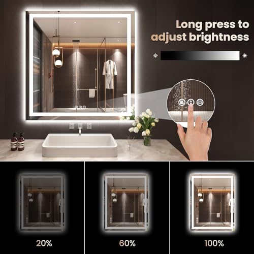 36"X36" LED Bathroom Mirror with Front Lights and Backlit, Anti-Fog, Dimmable, Shatter-Proof Tempered Glass, Lighted Bathroom Vanity Mirror for Wall with 3 Colors, Memory Function