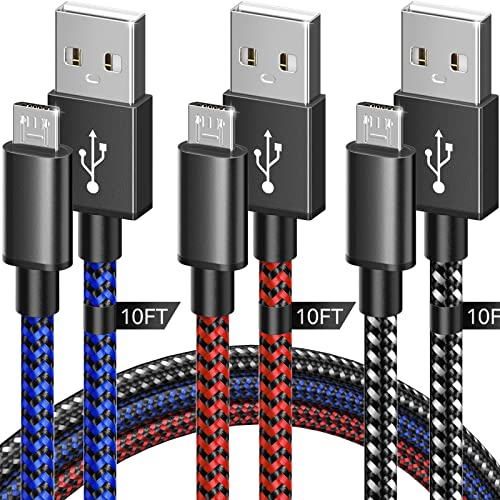 [3 Pack 10Ft] Ps4 Controller Charger Charging Cable Nylon Braided Micro Usb High Speed Data Sync Cord Compatible With Playstation 4, Ps4, Xbox One S/X Controller, Android Phones (Black&Blue&Red) #TOP1