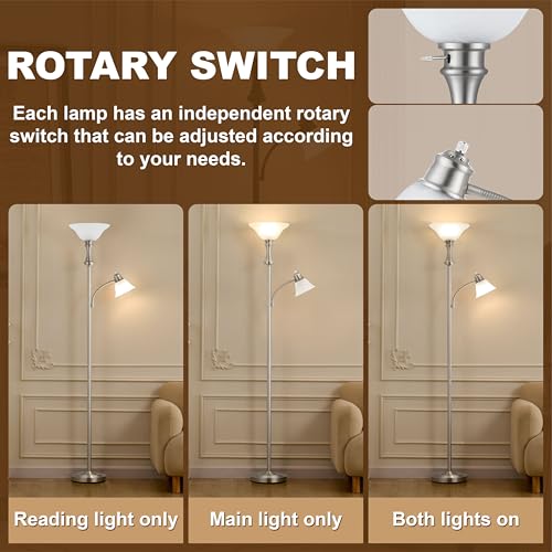 Image of Torchiere Floor Lamp with Adjustable Angle Reading Lamp-Silver 71IN | Standing Lamp for Bedroom with Glass Shade, Tall Floor Lamp for Living Room Decor, Office, Corner, Knob Switch, Bulb Included