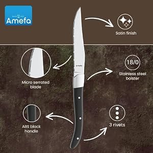 Amefa Royal Steak Knives, Set of 6, Premium Hardened Stainless Steel, Triple Rivet Black Ergonomic Handle Design, Serrated Edge 4 Inch Blade Steak Knife, Dishwasher Safe. Amefa Royal Steak Knives Set of 6 Premium Hardened Stainless Steel Triple Rivet Black Ergonomic Handle Design Serrated Edge 4 Inch Blade Steak Knife Dishwasher Safe