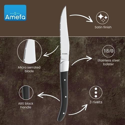 Amefa-Royal-Steak-Knives-Set-of-6-Premium-Hardened-Stainless-Steel-Triple-Rivet-Black-Ergonomic-Handle-Design-Serrated-Edge-4-Inch-Blade-Steak-Knife-Dishwasher-Safe Amefa Royal Steak Knives Set of 6 Premium Hardened Stainless Steel Triple Rivet Black Ergonomic Handle Design Serrated Edge 4 Inch Blade Steak Knife Dishwasher Safe