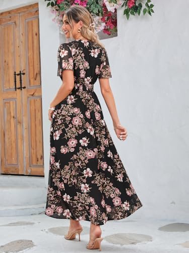 Image of Simplee Women's Boho Floral Maxi Dress Flowy Casual V Neck Short Sleeve Wedding Guest Holiday Beach Long Dress