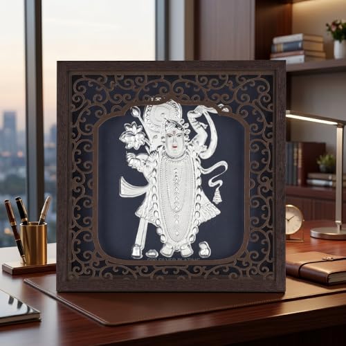 Image of Silver Plating Shrinathji Frame | Divine Home Decor | Wall Mount Photo Frame for Gift, Wooden Square PhotoFrame for Temple & OfficeDecor | hanging frame (6.50 inch x 6.50 inch Inch)