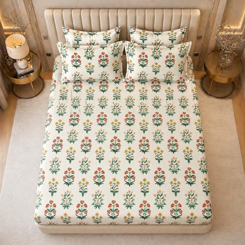 Image of THEA King Elastic Fitted Double Bedsheet Set| 100% Cotton Like Soft Fabric | Microfiber King Elastic Double Bedsheet for King Size Bed (72 X 78 x 10 inches) with 2 Pillow covers,Red Boota Floral