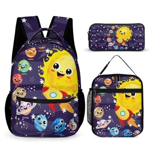 Solar System Backpack with Lunch Box & Pencil Case for Kids Girls Boys School, 16 Inch Cute Planet Bookbag, School Backpack for Students Children, Lightweight, Large Capacity