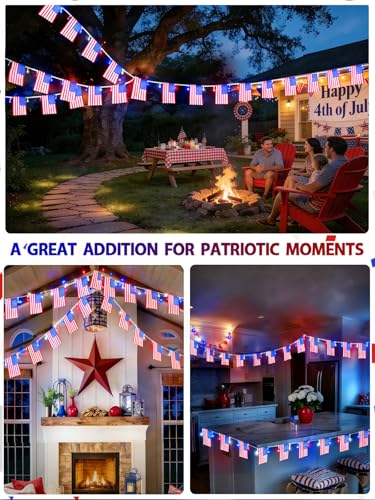 Image of 4th of July Decoration, 24FT 50LED Red White and Blue String Lights 25 American Flags, Battery Operated Patriotic Lights Waterproof 8 Modes, Remote & Timer for 250th Anniversary Independence Day Decor