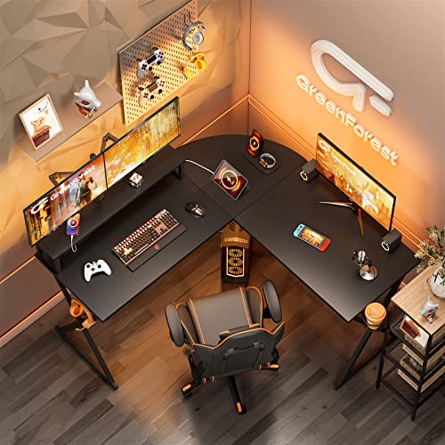 Greenforest L Shaped Desk With Power Outlets, 50.6 Inch Gaming Desk With Reversible Desktop Monitor Stand, Corner Computer Desk With Headphone Hook Cup Holder, Black #TOP1