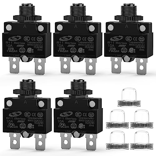 Nilight 5PCS 10 Amps Thermal Circuit Breaker 125-250V AC 65V DC Push Button Manual Reset Overload Protector Waterproof Cap Auto Trip Resettable for Industrial 12-24V Auto Cars