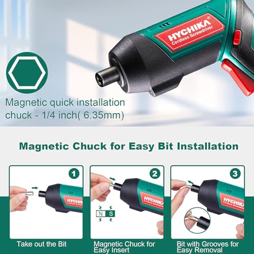 Image of Cordless Screwdriver 6 N.m, HYCHIKA 3.6V 2.0Ah Rechargeable Electric Power Screwdriver Gun, Adjustable 2 Position Handles, Front LED, DC Charging, 20pcs Accessories