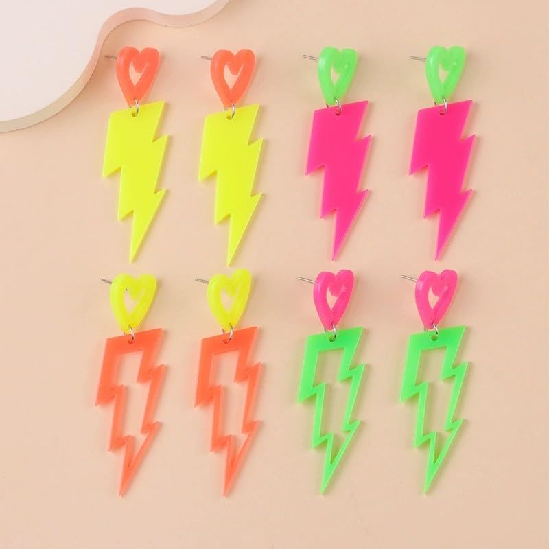 Cute Funny 80s Neon Heart Lightning Acrylic Dangle Earrings for Women Halloween Retro 80s 90s Colorful Glow Party Costume Outfits Accessories image 5