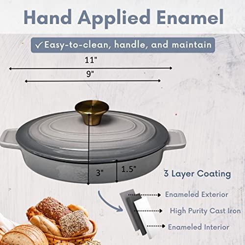 Lexi Home Cast Iron Enameled Oval Baking Dish With Lid 9", Casserole Dish, Oven Pan For Serving And Cooking Lasagna, Casseroles, Roasting Meats & More, Kitchen Cookware - Grey #TOP3