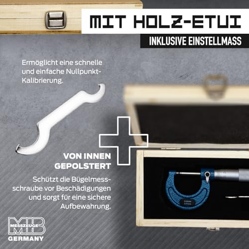 MIB Bügelmessschraube DIN 863, lackierter Bügel | Präzisionswerkzeug | Mikrometer mit HM-Messflächen | Mess- & Planwerkzeuge | Durchmesser Messgerät | Messbereich 0-25 mm | inkl. Einstellmaß