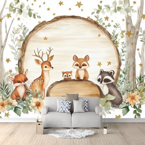 Papier Peint Panoramique Dessin Animé Animaux Forêt Marron Orange 200 X 140 Cm(Wxh) Poster Géant Mural 3D,Décoration Murale Premium,Pour Salon,Chambre...