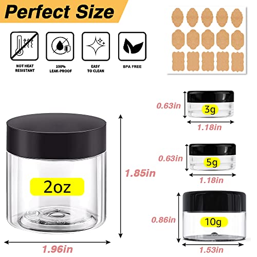 2 oz Plastic Containers with Lids 60pcs Plastic Jars with Lids + 3/5/10 Gram 12pcs Sample Containers Travel Jar– Great for Lip Scrub,Body Butters,Cream,Lotion Labels & Spatulas (72 Pack)2