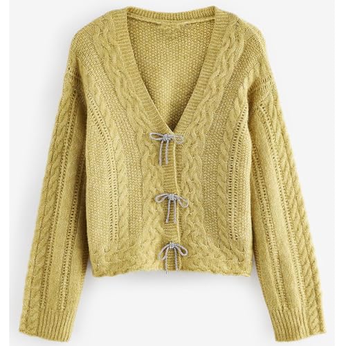 Image of Women Y2K Solid Color Knit Cardigan Long Sleeve V Neck Bow Button Open Front Sweater Top Vintage Going Out Knitwear