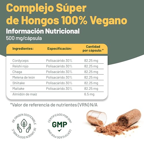 Suplemento de 6 Hongos – Reishi, Melena de León, Cordyceps, Chaga, Shitake y Maitake. 120 Cápsulas. 500mg Por Cápsula. - imagen 2