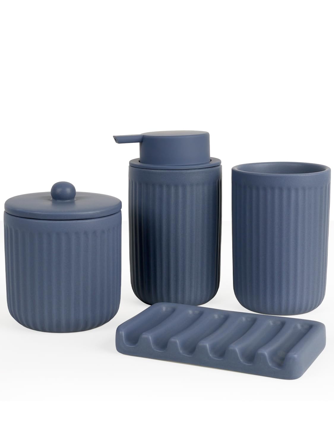 Set de baño azul, 4 piezas de accesorios de baño de cerámica, dispensador de jabón de 350 ml, vaso para cepillos de dientes, jabonera y recipiente para bastoncillos de algodón, set
