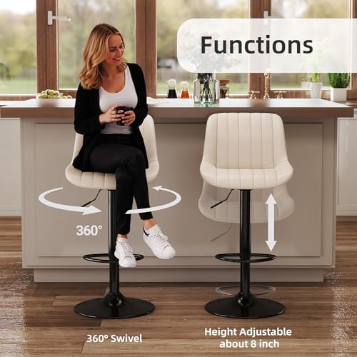 Image of Youhauchair Adjustable Faux Leather Bar Stools Set of 1, Beige | Swivel, Counter Height, Back & Footrest, Armless, PU, Modern, Kitchen Island Stool, Upholstered Dining Room Chair
