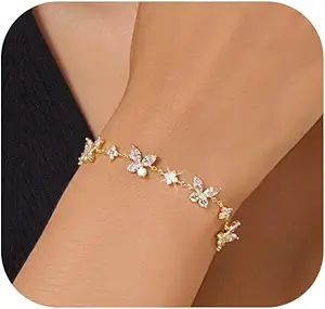 Dainty Gold Silver Bracelet for Women Trendy Non Tarnish 14K Gold Plated Cubic Zirconia Bracelet Simple Butterfly Flower Cubic Zirconia Bracelets Jewelry Gift for Women
