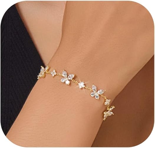 Dainty Gold Silver Bracelet for Women Trendy Non Tarnish 14K Gold Plated Cubic Zirconia Bracelet Simple Butterfly Flower Cubic Zirconia Bracelets Jewelry Gift for Women