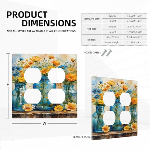 Decorative Outlet Covers Rustic Yellow Flowers Floral Blue Bottles 2 Gang Wall Plate Cover Double Duplex Receptacle Two Switch Light Switch Cover Plate Jumbo Dual Faceplate