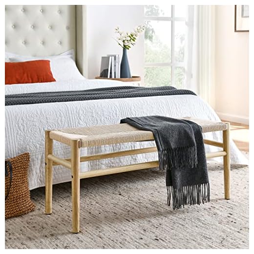 MIERES Farmhouse Wood Entryway Bench, 39.5in Wide Boho Dining Living Room Furniture Seat with Handcrafted Weave Rope Top for Bedroom End of Bed,Kitchen, Foyer, Easy to Assemble, Natural