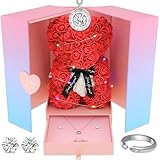 Vignor Rose Bear Teddy Bear Artificial Flowers Forever Gift Box Set for Her Girlfriend Women Wife Anniversary Christmas Valentines Birthday Mothers Day (Red Bear)