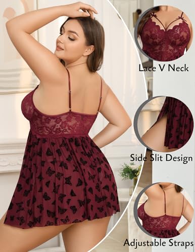 Image of Avidlove Plus Size Lingerie Lace Babydoll Womens Strap Chemise Nightgown V Neck Nighty Mesh Sleepwear Side Slit Nightdress