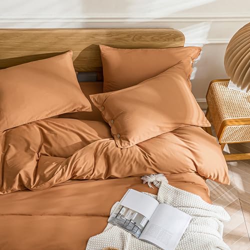 Image of JELLYMONI Cotton Duvet Cover Cal King Size - Burnt Orange Comforter Cover with Button 100% Washed Cotton 3PCS Breathable Soft Solid Bedding Set Duvet Cover 104x98in & 2 Pillowcases (NO Comforter)