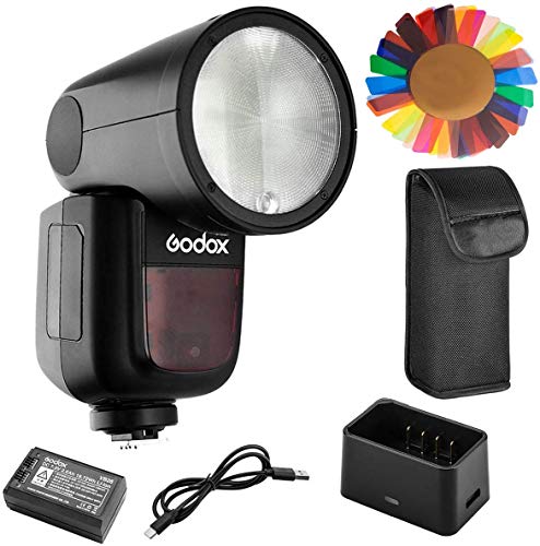 Godox V1-C Flash for Canon, 76Ws 2.4G TTL Round Head Flash Speedlight, 1/8000 HSS, 480 Full Power Shots, 1.5s Recycle Time, 2600mAh Lithium Battery, 10 Level LED Modeling Lamp, W/Pergear Color Filters