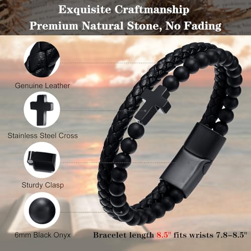 Mens Cross Bead Braided Genuine Leather Bracelet, Black Gemstone Agate Onyx Beaded Rosary Obsidian Bangle, Faith Religious Easter Catholic Christian Communion Baptism Christmas Jewelry Gift for Men4